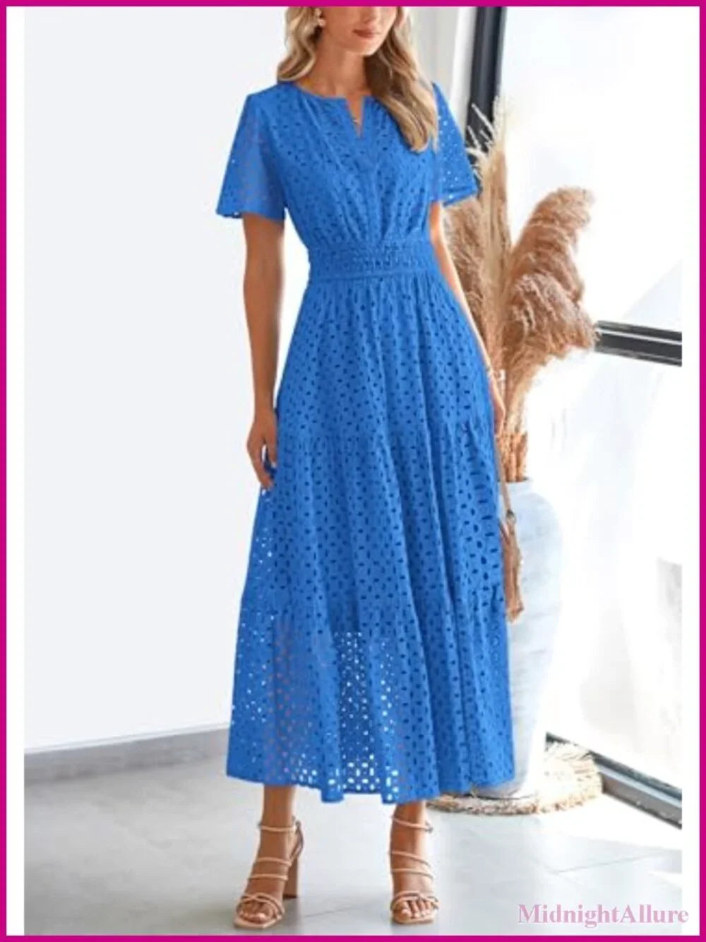 Women's Eyelet Maxi Dress Boho Smocked Waist Short Sleeve V Neck A-Line Flow
